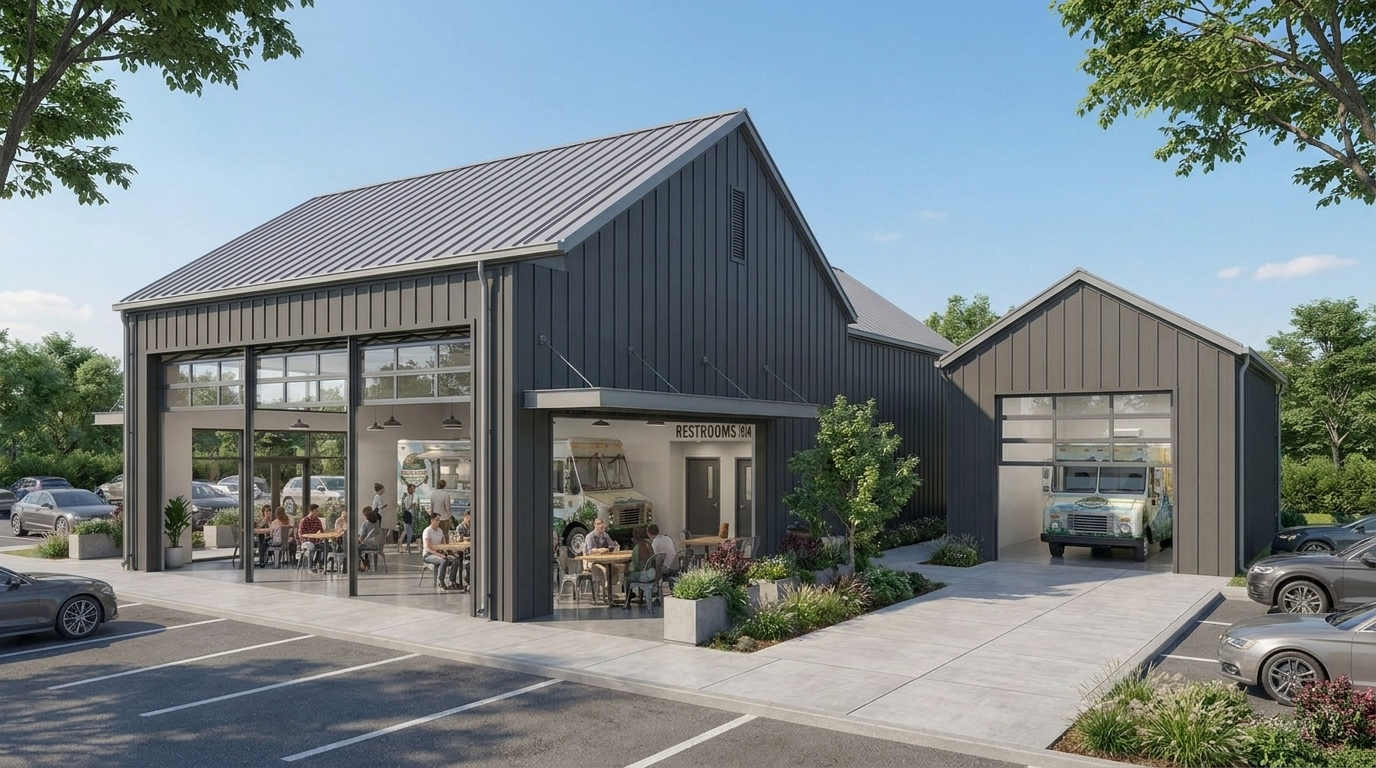 Rendering of the Lowe and Behold BBQ venue exterior in Landrum, SC